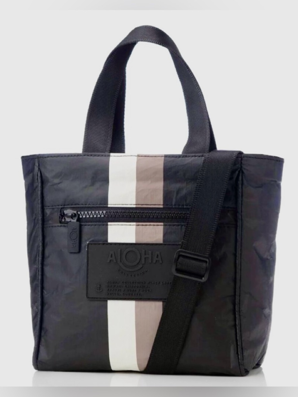 ALOHA Collection LeVoyageur Black Crossbody Tote with Tan and Beige Stripes